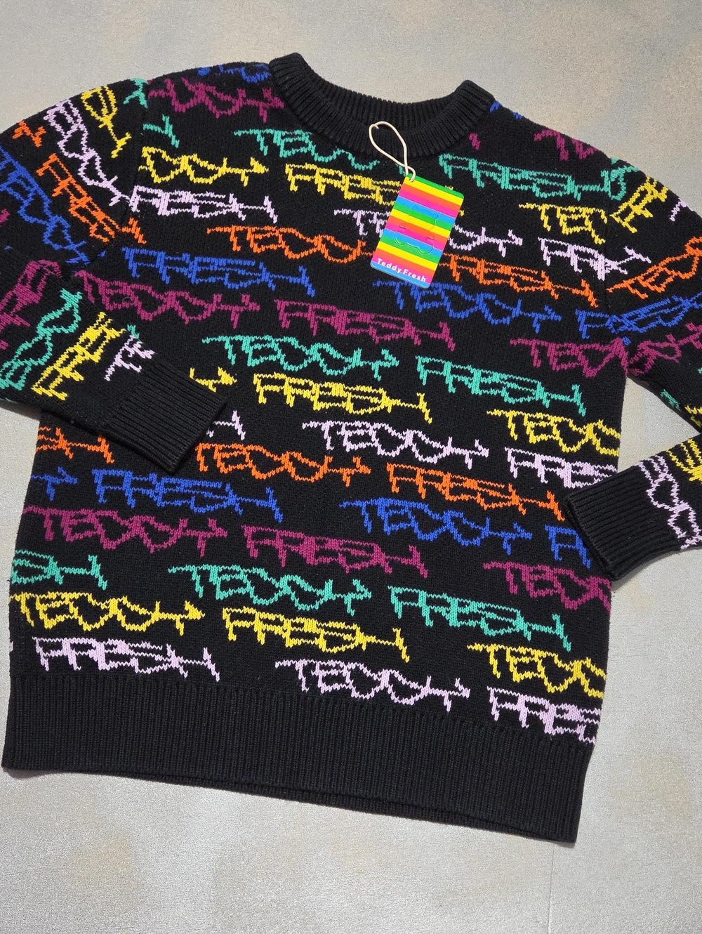Teddy Fresh Black Crewneck with Rainbow Script Brand NEW..